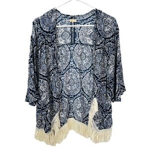 Hollister Fringed Open-Front kimono top boho mandala Blue size XS A-18